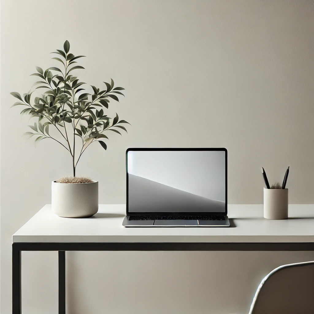 A minimalist image of a plant, laptop, cup with pens on a desk.