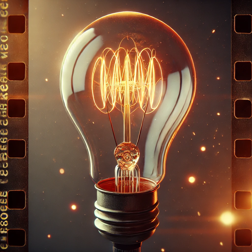 A lit Edison bulb in a vintage style film piece.