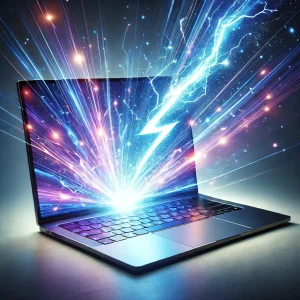A laptop being struck with a bolt of electricity.