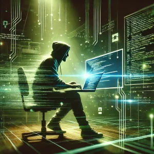 a developer working on code in a sort of Matrix movie style artistic image.