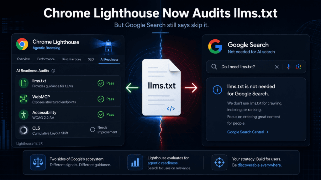 Chrome Lighthouse Now Audits for llms.txt. Google Search Still Says Skip It.